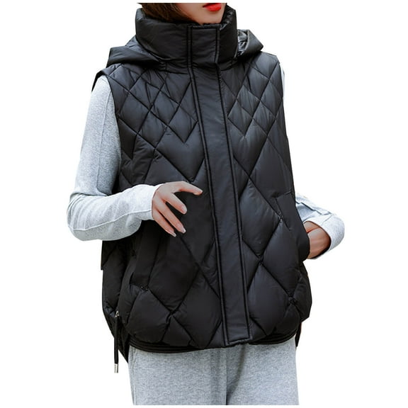 Htigea Clearance Women's Puffer Vest Fall Casual Stand Collar Lightweight Sleeveless Zip Up Padded Jackets Outerwear with Pocket Fall Savings Black,L