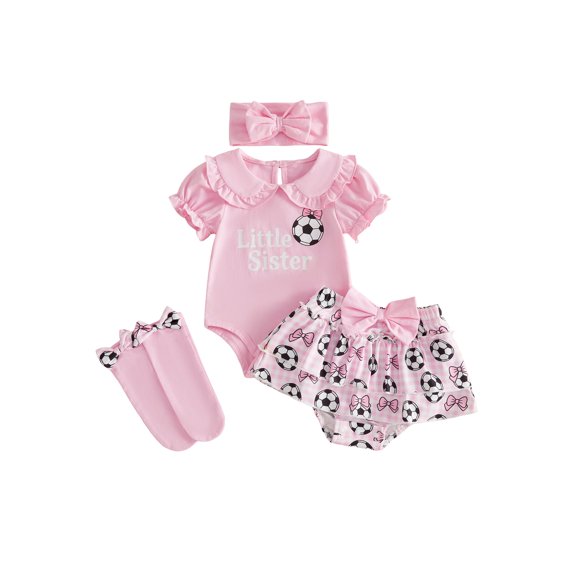 Cenuakty Baby Girls Summer Outfits Flying Sleeve Doll Collar Romper Soccer Print PP Shorts Headband Socks Sets