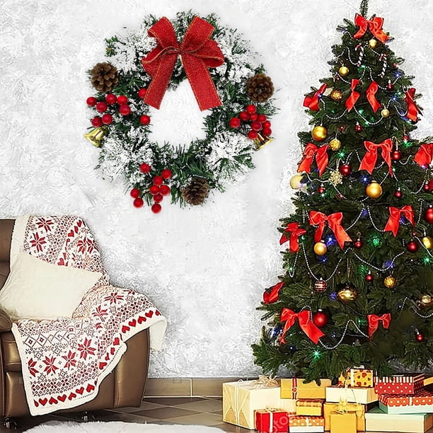 Corona de flores navideñas para colgar en la puerta o en la pared, de ratán, con escenas atmosféricas, estróbilos hechos a mano, lazo de imitación, corona de frutos rojos.