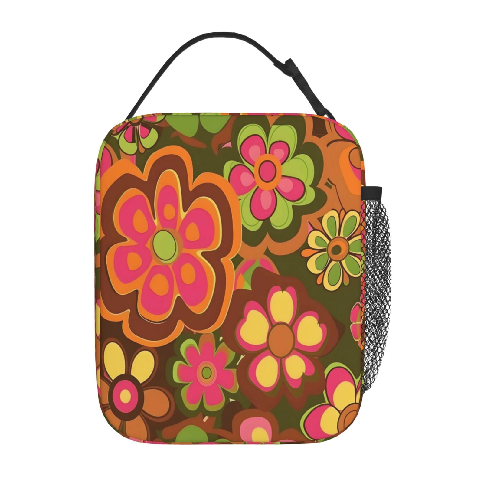 Lunch Bag For Women Men Insulated Portable Lunch Box Bento Box Office Picnic Travel Cooler Bag Retro Groovy Flowers Pattern (4)