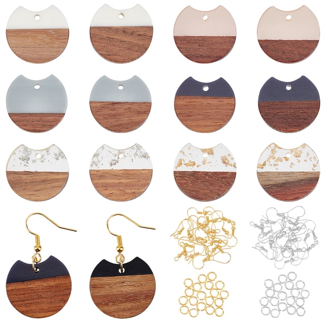 DIY Earring Making Kit Including Gap Flat Round Resin & Walnut Wood Pendants Iron Earring Hooks & Open Jump Rings Mixed Color 154pcs/box
