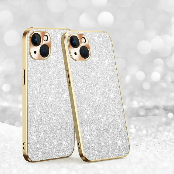 Electroplated Sparkle Case for iPhone 14 Plus, Shining Glitter Metal Frame Shockproof Slim Cover with CD Pattern Lens Protection Circle for iPhone 14 Pro Max Women Girls,Silver