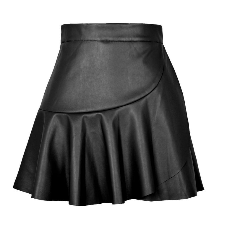 DxhmoneyHX Women s Faux Leather Black Mini Skirt Classic High Waisted Pleated Skirt Ruffled Irregular PU Leather Skirt