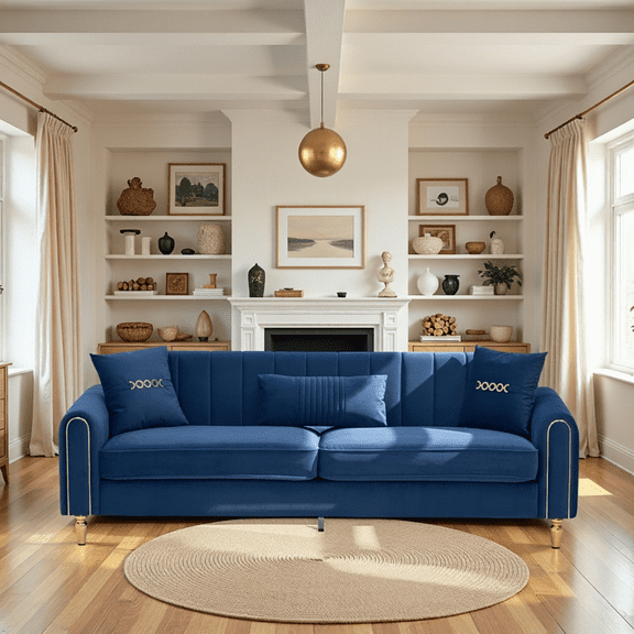 (Sofa)87.4 Inches 3 Seater Sofa for Living Room, Upholstered Couch with High Resilience Foam, Pocket Spring Seat, Decorative Pillows, and Sturdy Metal Legs (Blue)