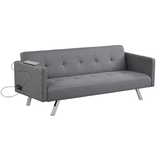 Costway Canapé-Lit Convertible Futon Inclinable Pliant avec Ports Usb et Multiprise Gris