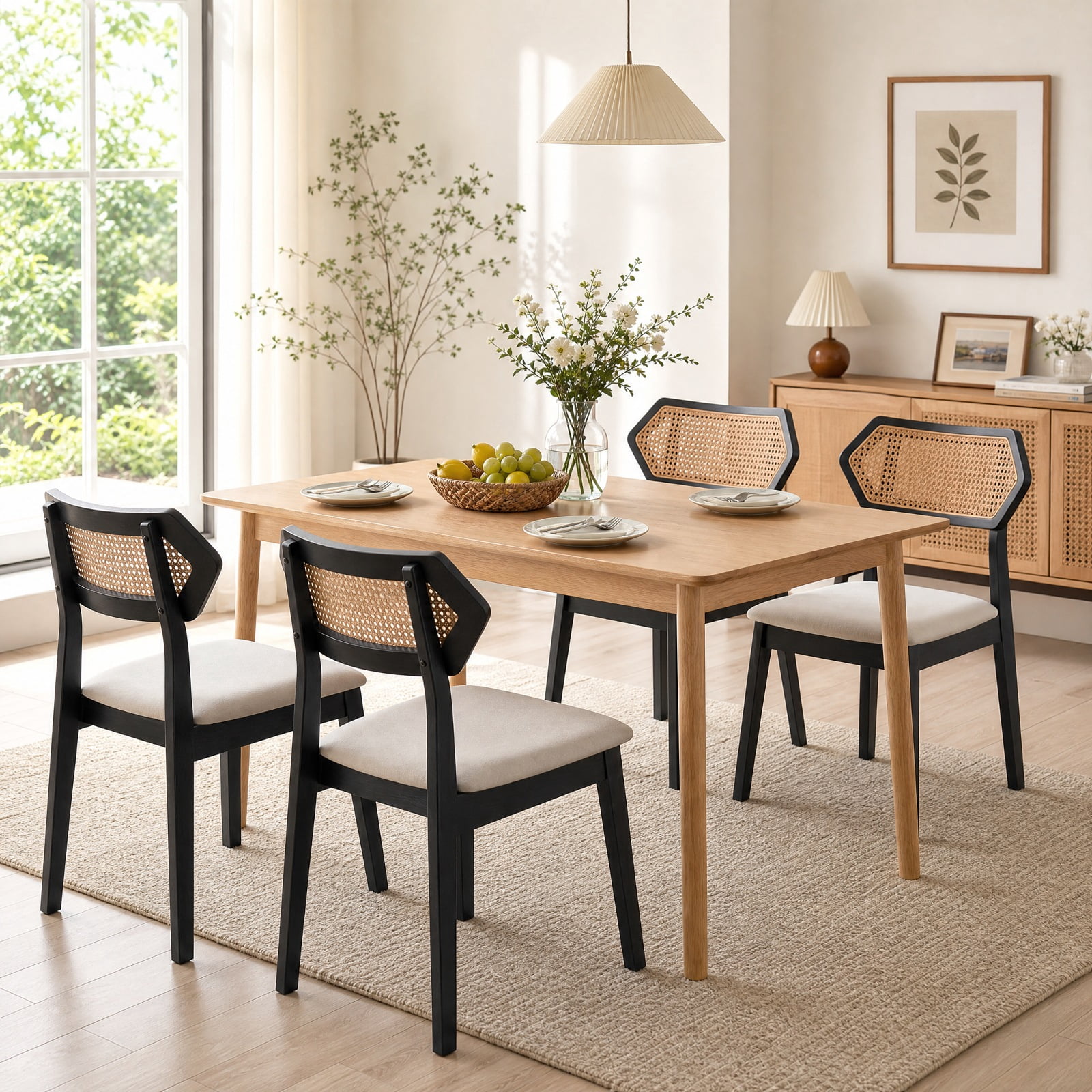 Furnibear Mid Century Rattan Dining Chairs Set of 2 with Woven Rattan Back and Solid Wood Frame for Kitchen Dining Room, Black