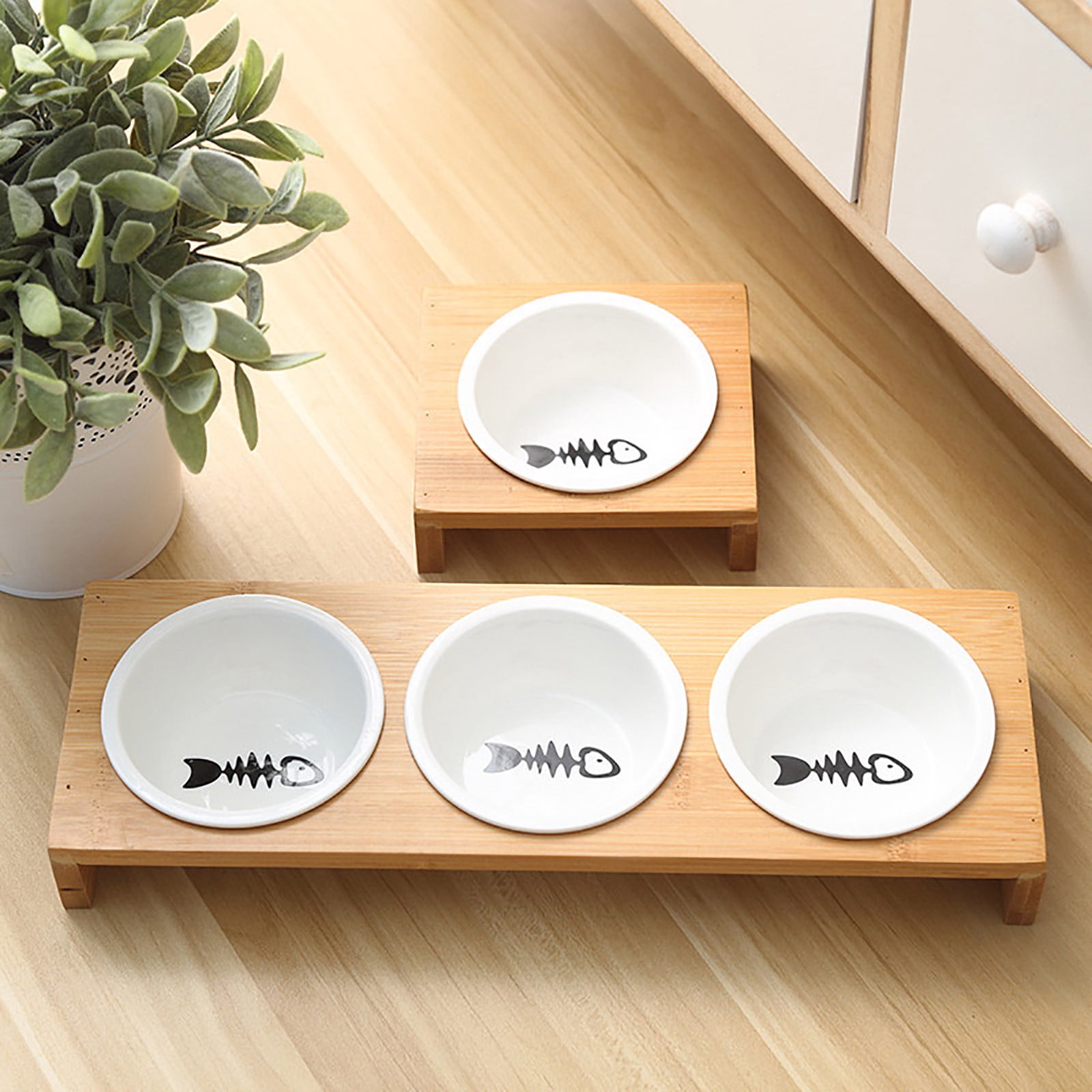 Oricka Anti-Vomiting Raised Cat Bowls - 3pcs Ceramic Cat Food & Water Bowls with Non- Wood Stand, Dishwasher Safe for Indoor Cats