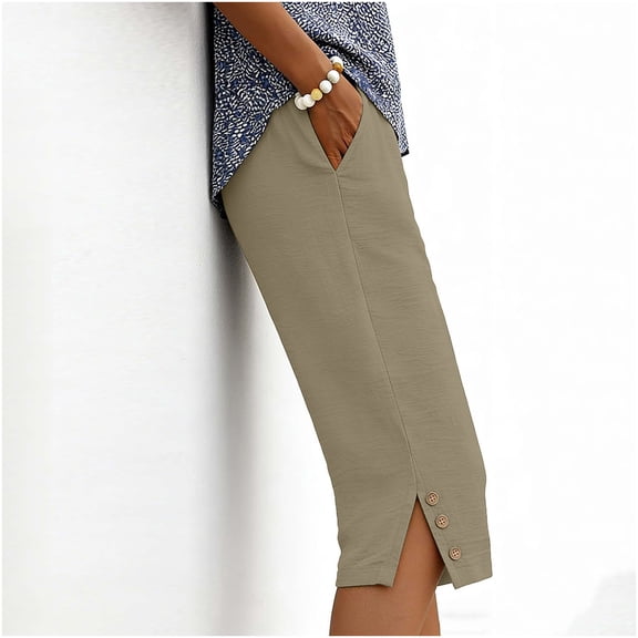 Workout Shorts for Women Women's Summer High Waisted Capris Loose Wide Leg Cotton Split Hem Casual Bermuda Shorts with Pockets for Daily Travel Khaki XXL