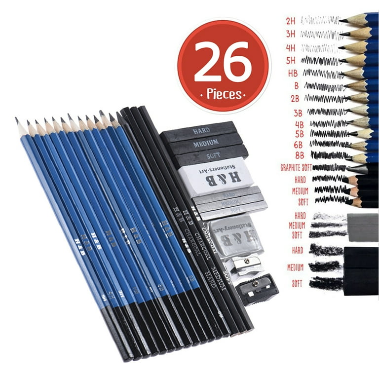 H&B 26pcs Professional Drawing Sketch Pencil Kit Set Including Sketch  Pencils Graphite & Charcoal Pencils Sticks Erasers 