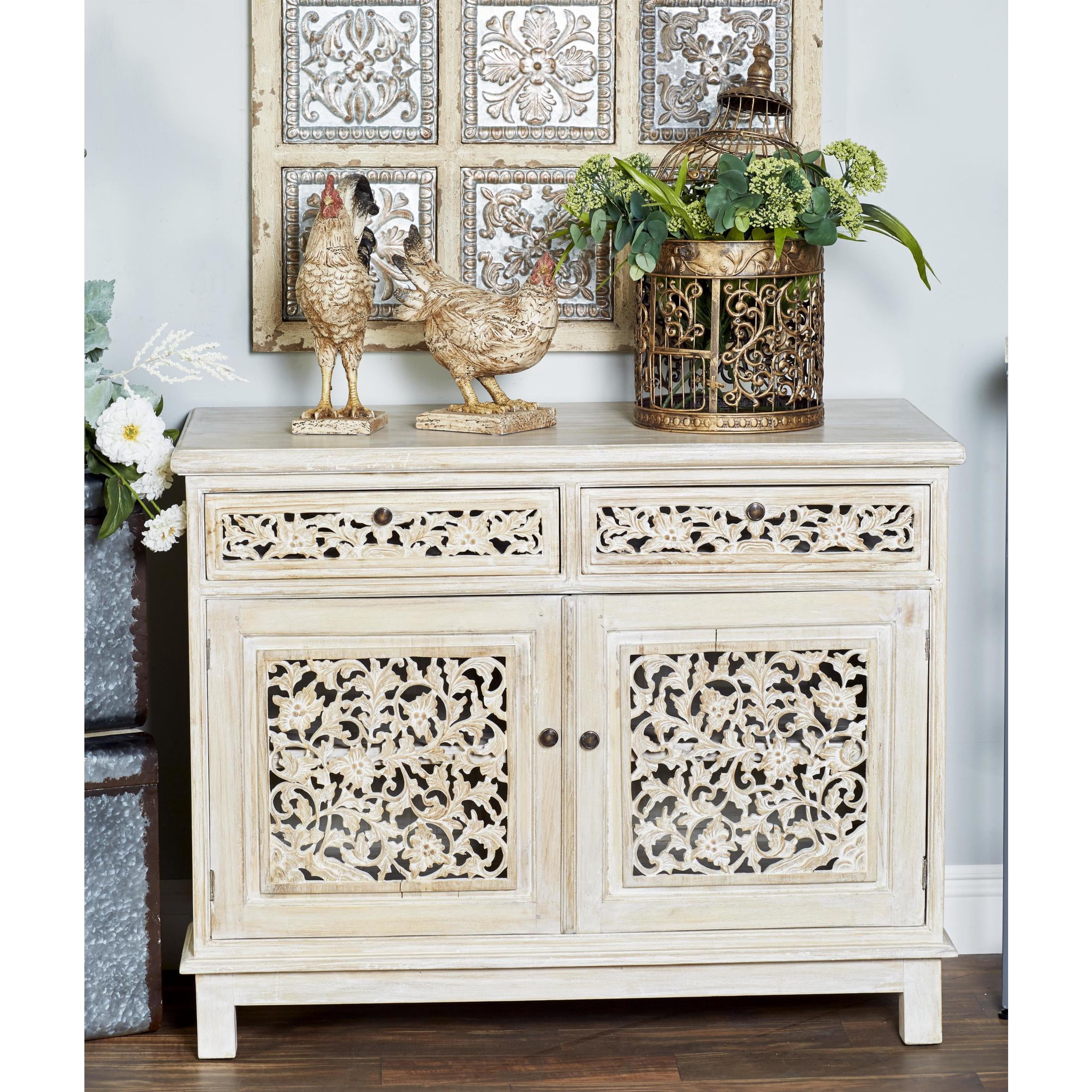 DecMode 39" x 32" White Wood Intricately Carved 2 Door and 2 Drawer Floral Cabinet, 1-Piece