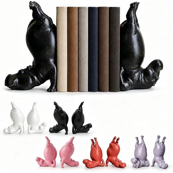 Hippo Bookends Single, Creative Acrobatic Hippo Book Holder, Black Resin Upside Down Hippopotamus Book End for Desk Living Room Display, Fun Novelty Decor Gift Style B