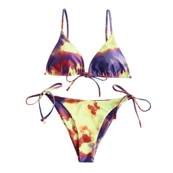 DHFJKG Swimsuit Women's Two Piece Side Tie Bikini Set Tie-Dye Triangle High Cut Swimwears Thong Bottoms Trendy Beachwear