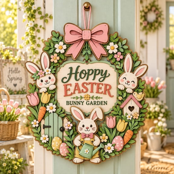 Wooden Sign Easter Bunny Garden Spring Cottagecore Door Hanging Seasonal Decor