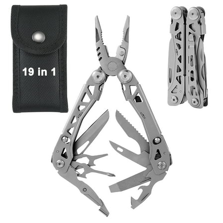 LANNEY Multitool with Protective Sheath, 19-in-1 Stainless Steel Self-locking Multi Tool with Pocket Knife and Pliers for Men, Ideal for Survival, Camping, Hiking, Simple Repairs