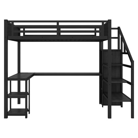 Full Size Loft Bed with Desk and Wardrobe, Black