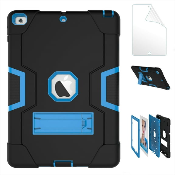 iPad 5th/ 6th Generation Case, New iPad 9.7 inch 2017/2018 Shockproof Kickstand Cover with HD Screen Protector Film - Black/Blue