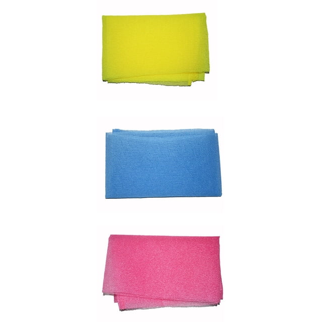 Toalla de baño de nylon exfoliante larga de 3 piezas, toalla mágica para el cuerpo (rosa, amarillo y azul)