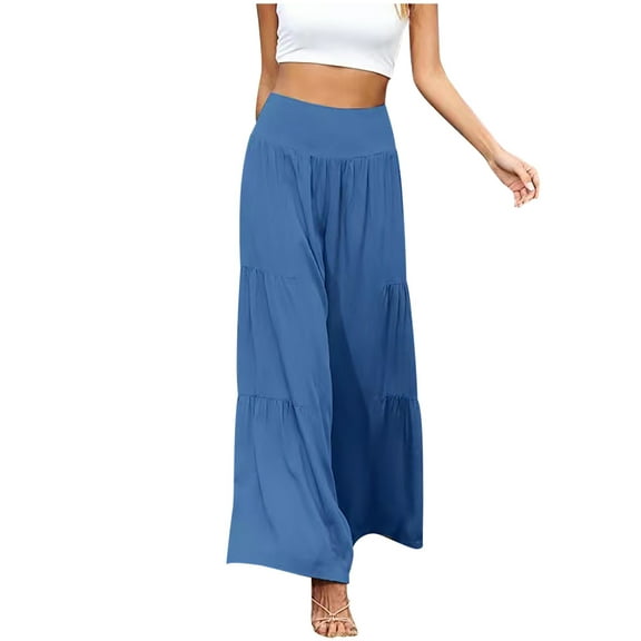 Fesfesfes Women Pant Fashion Casual High Waist Elastic Waist Solid Color Ruffle Wide Leg Long Pants On Sale
