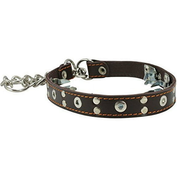 Training Genuine Leather Pinch Martingale Dog Collar Studded 4mm Link Brown 3 Sizes (15.5"-19")