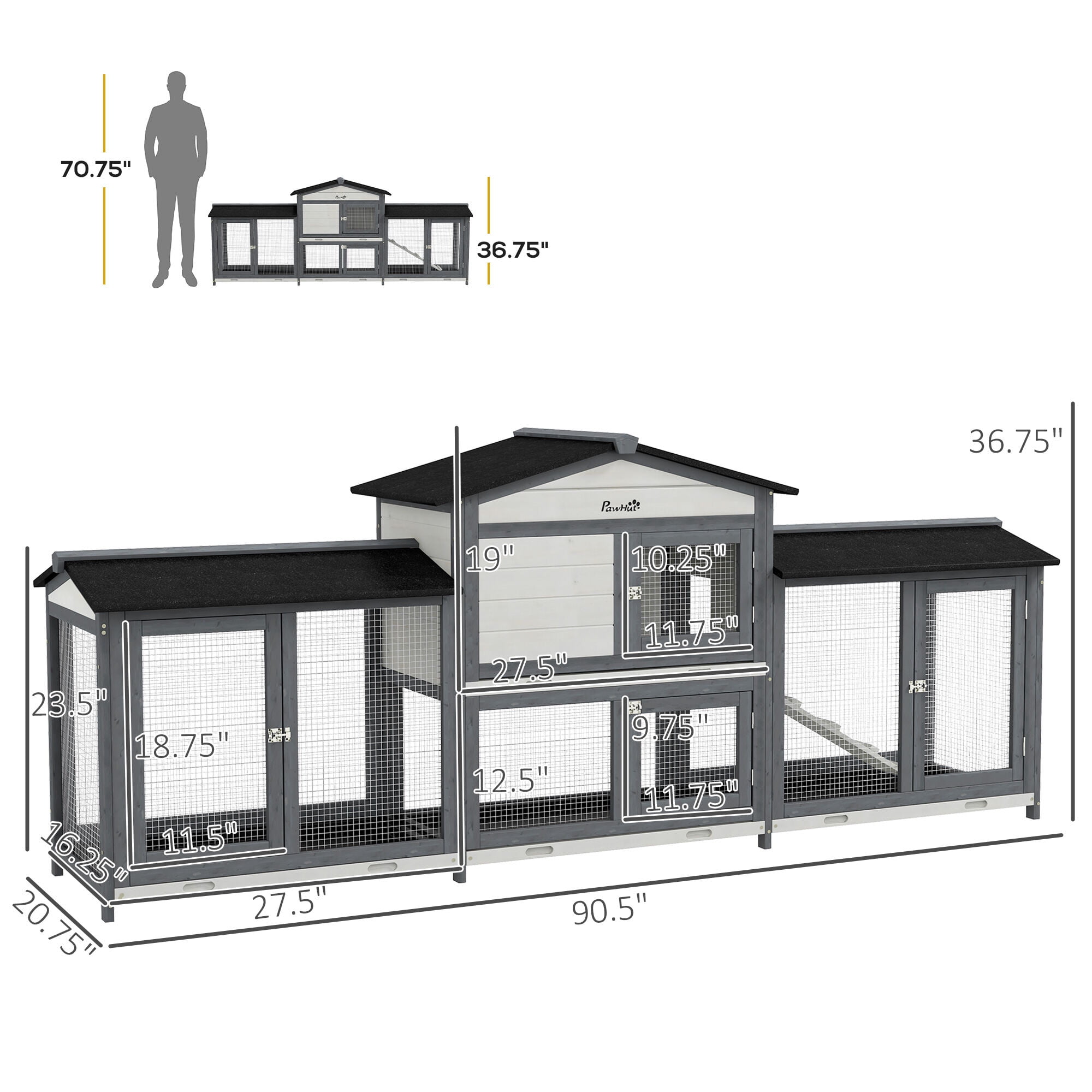 Dog Crate, PawHut 90.5" Wooden Rabbit Hutch Bunny Cage Pet Playpen House Enclosure with Double Side Run Boxes, No Leak Tray, Ramp, for Guinea Pig and Small Animals, Light Gray, Gray Pet Playpen