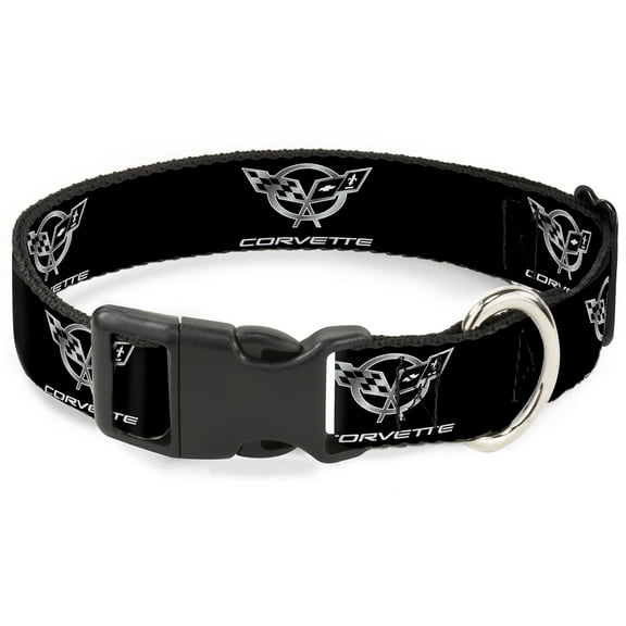 GM General Motors Pet Collar, Dog Collar Plastic Buckle, Corvette Black Silver Repeat, 7 to 8.5 Inches 0.5 Inch Wide