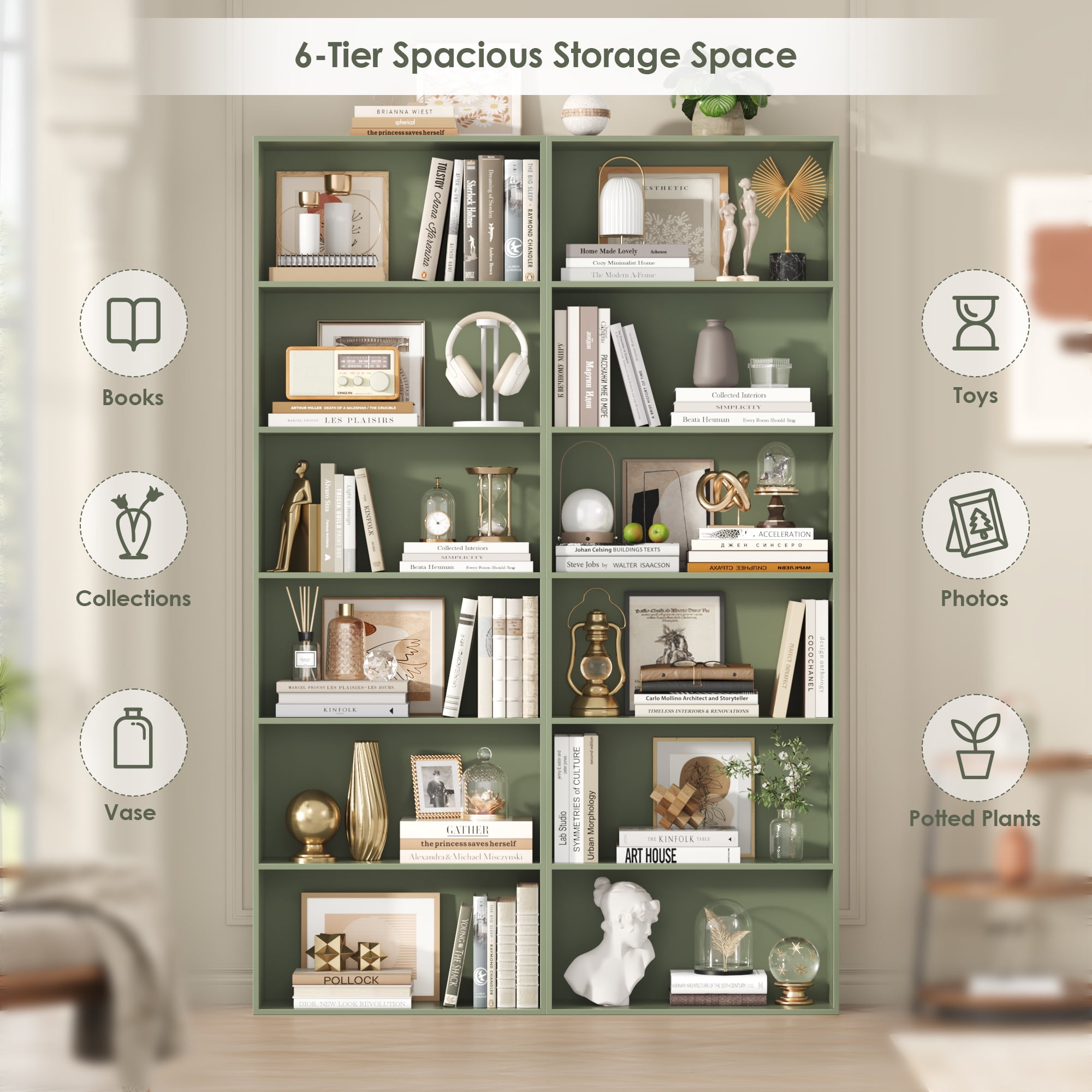 Homfa 6 Tier Tall Bookshelf and Bookcase, Wooden Bookcase Display Shelf for Living Room Home Office Library Storage, Green
