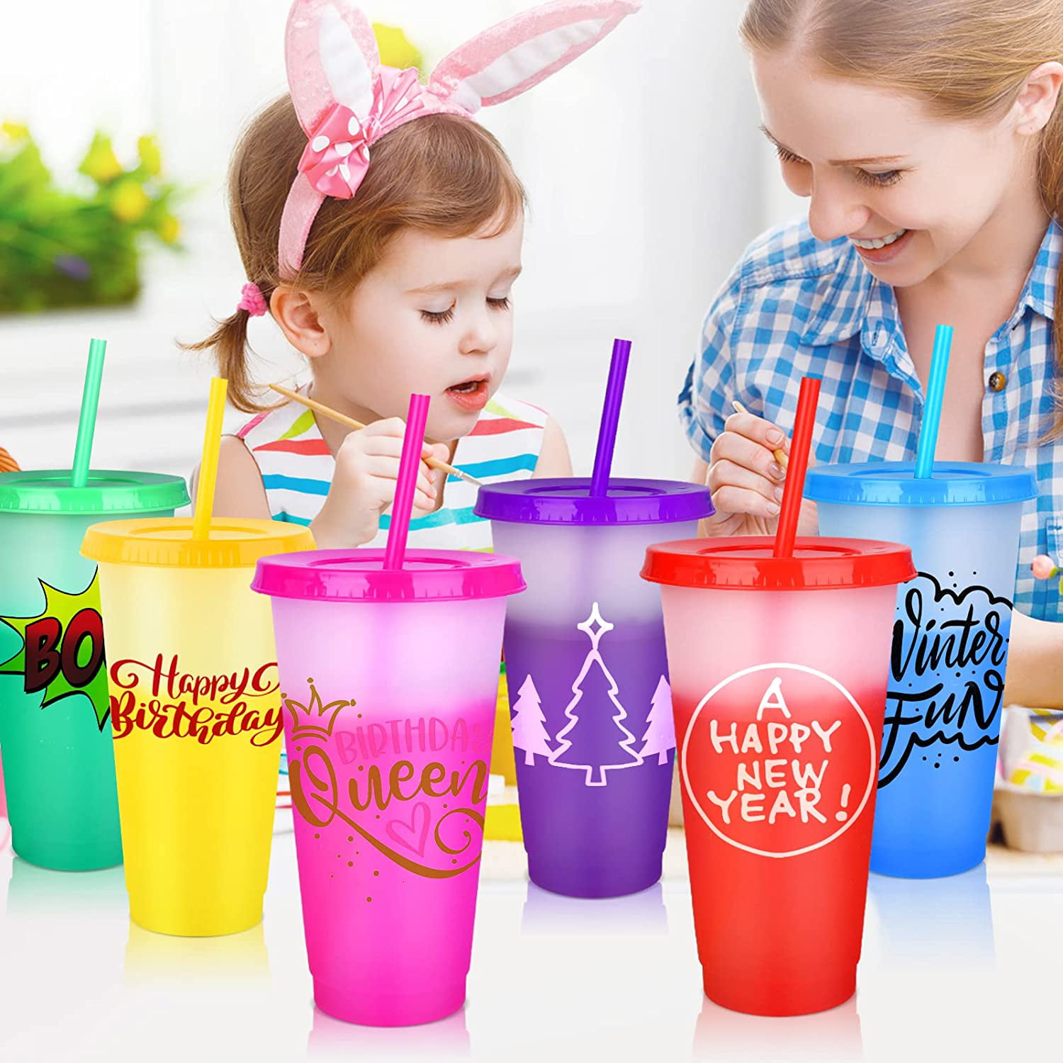 Colour Changing Cups With Lids & Straws - 5 Pack Cute Drink Cups Reusable  Bulk Plastic Cup Tumblers - Iced Coffee Cold Cups 24oz Party Tumbler
