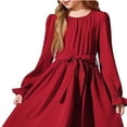 thumbnail image 3 of Fesfesfes Girls Long Sleeve Party Dress With Belt Elegant Pleated Flowy Formal Gown For Special Occasion Birthday Celebration Holiday Outfit(Wine,12-13 Years), 3 of 5