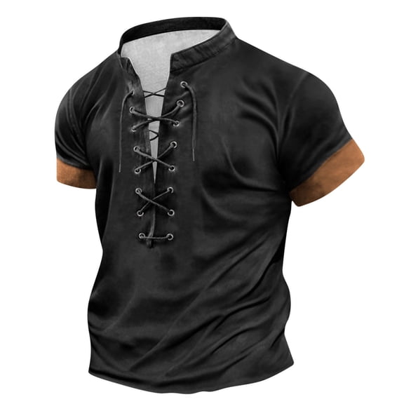 WREESH Men's Vintage Lace-Up Henley Shirt - Retro Patchwork Design, Stand Collar Short Sleeve Top with Breathable Linen for Festival Style