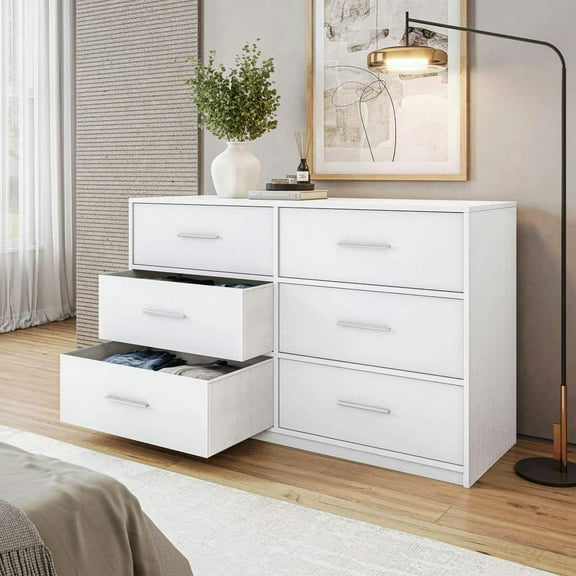Kadyn Bedroom Dresser, Chest of Drawers,6-Drawer Dresser with Large Fabric Drawers for Bedroom, Living Room, White