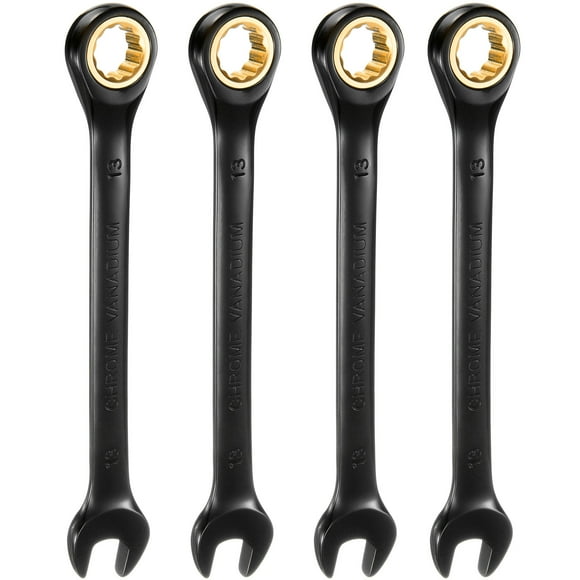 Uxcell 4Pcs Ratcheting Wrench 13mm Metric Open End Wrench 72-Teeth CR-V Steel 12 Point Nickel Plated Combination Ratchet Wrench