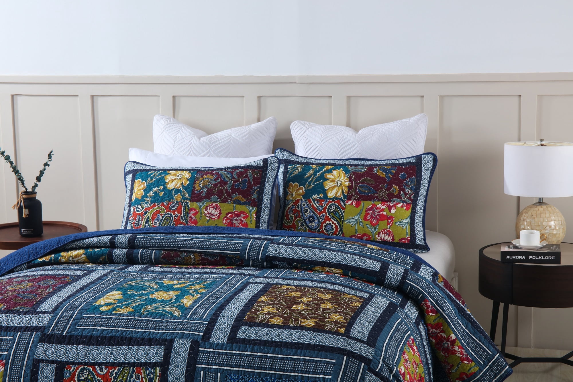 WannaToo Cotton Bedspread Quilt Set for All Season, Navy Blue Patchwork, Queen