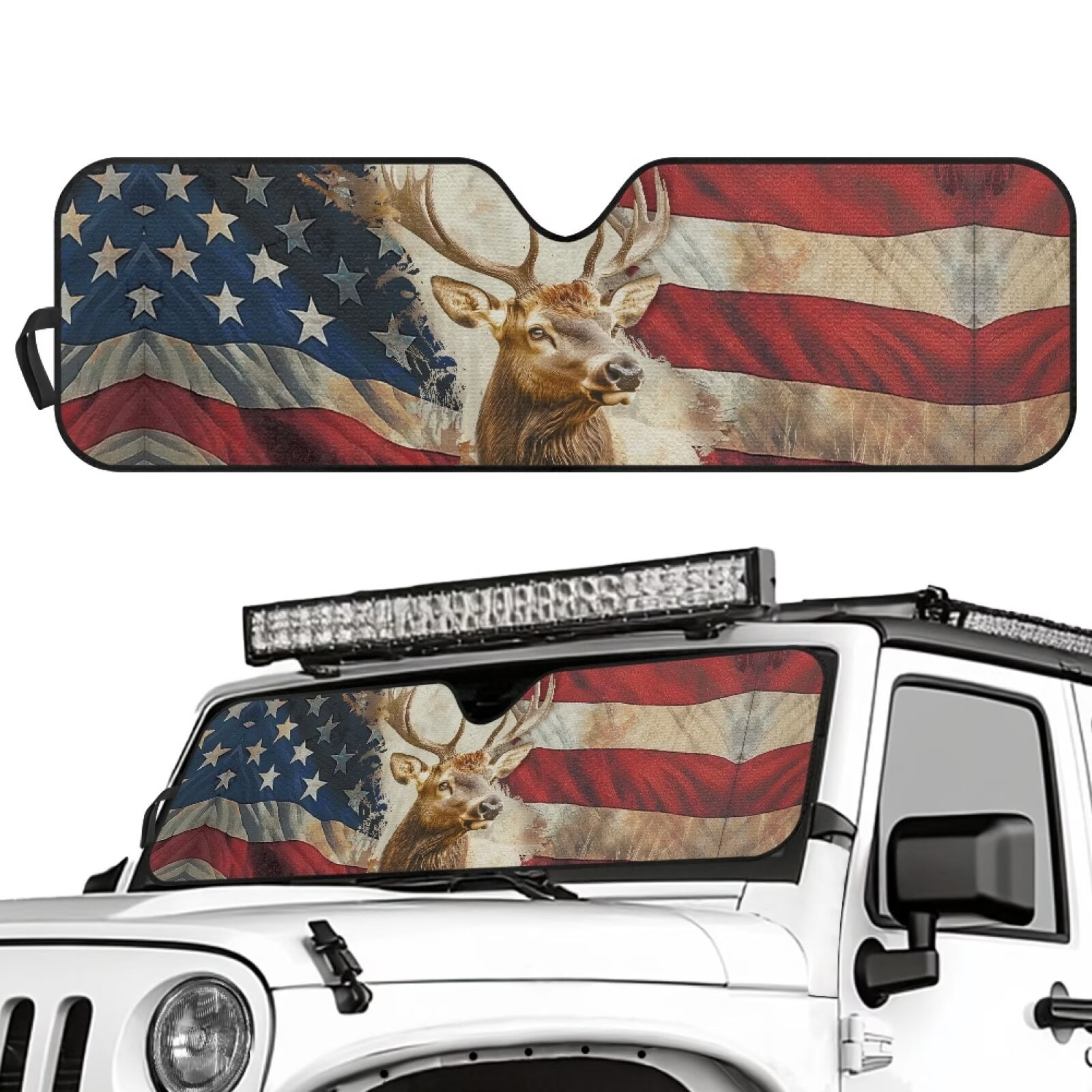 HUIAOCNG American Flag Deer Windshield Sunshades Sun Visor for UV Rays & Heat Protection, Suitable for Wrangler, Compass, Gladiator & Renegade , Accessories for Jeep Wrangler, X-Small - 60x21 inches
