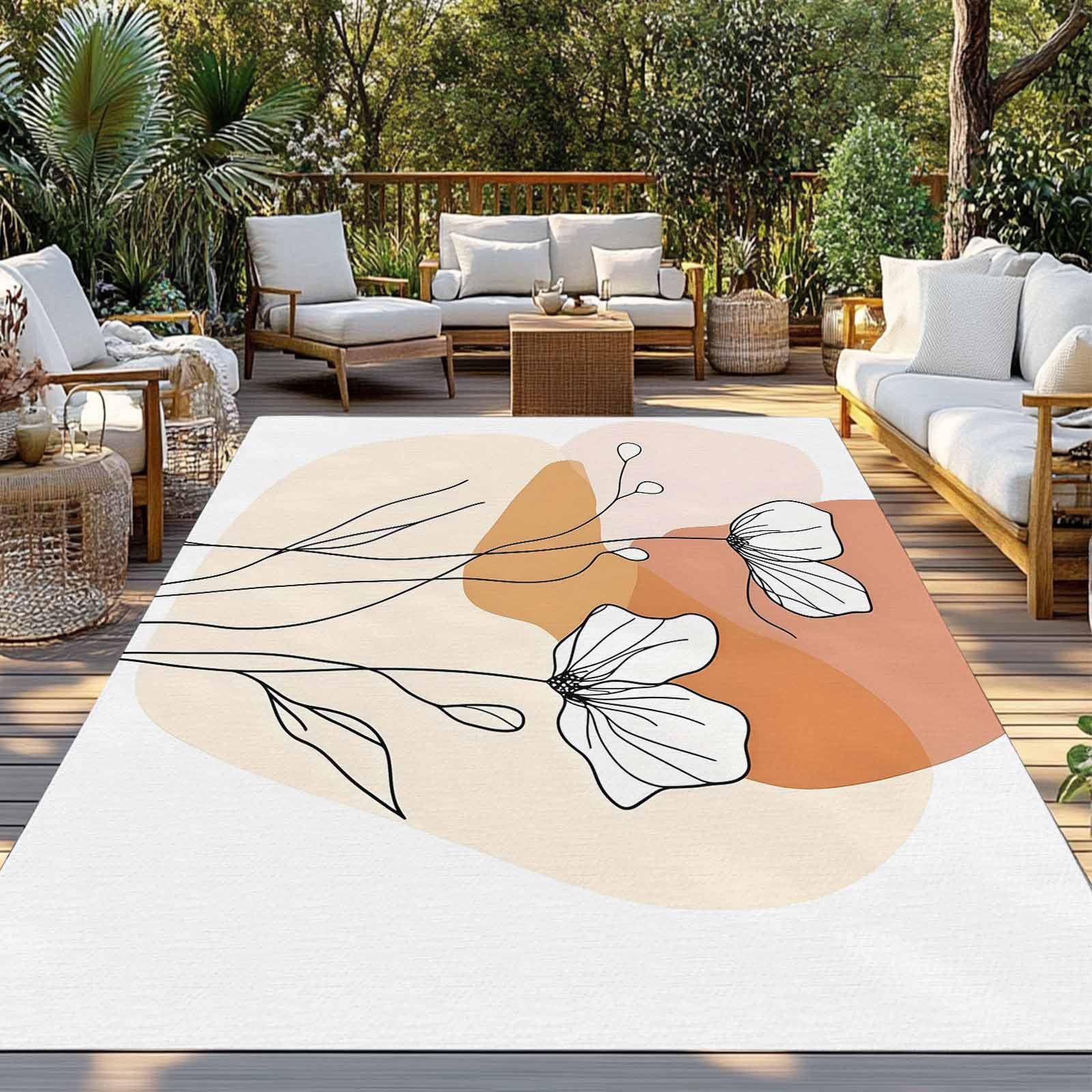 Fsddascl Boho Floral Outdoor Rug for Patio/Deck/Porch, Non-Slip Large Area Rug 4 x 6 Ft, Abstract Contemporary Minimalist Clean-lined Indoor Outdoor Rugs Washable Area Rugs, Camping Rug Carpet