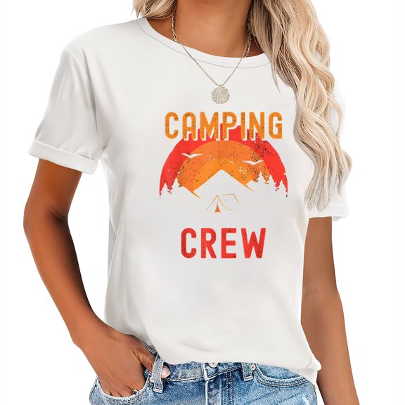 Camping Crew 2022 Family Camper Trip Road Matching Stylish Women's Short Sleeve Shirt with Eye-Catching Print