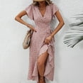 thumbnail image 6 of XIAOCHA Floral Wrap Dress for Women Fitted Ruffled Flutter Sleeve V Neck Midi Dress Lightweight Sweet Weekend Dresses, 6 of 7