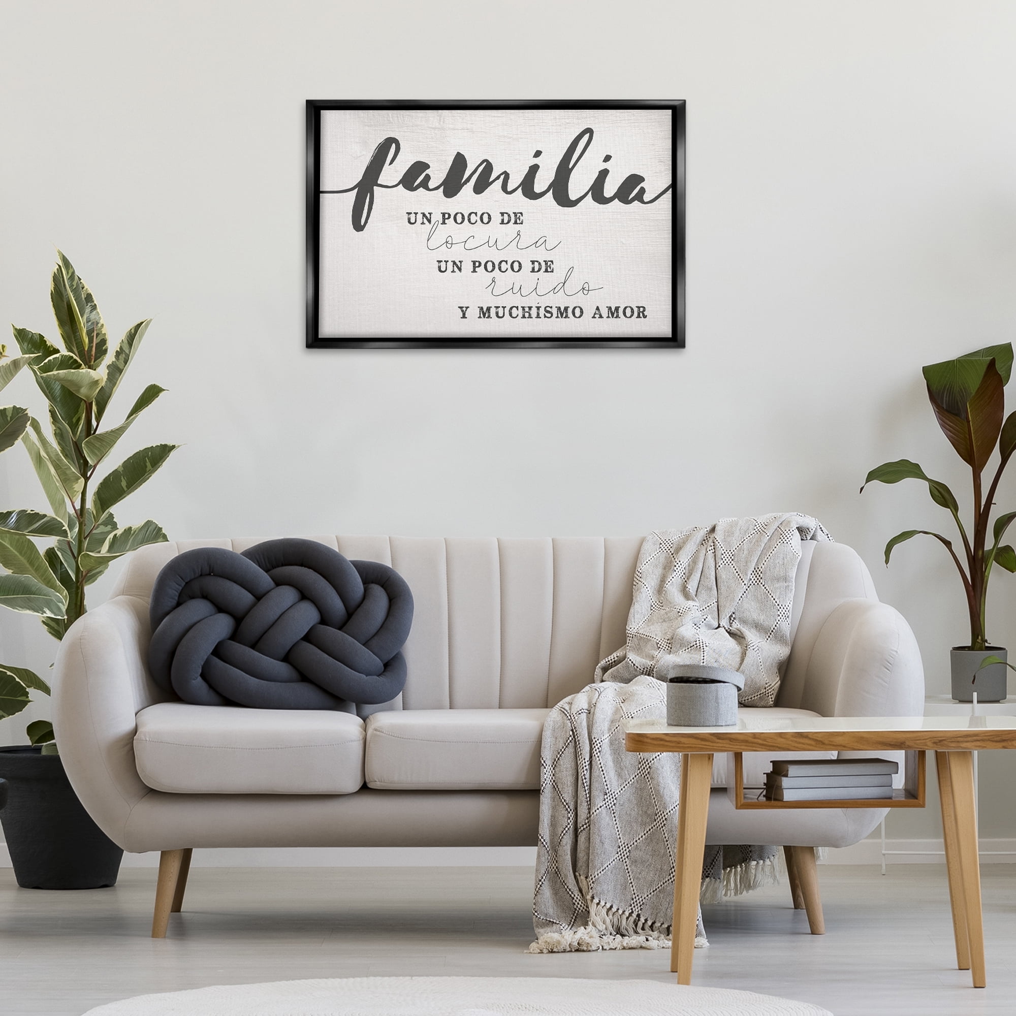 Stupell Industries Familia y Muchísimo Amor Inspirational Quotes & Sayings Painting Black Floater Framed Art Print Wall Art, 31 x 21