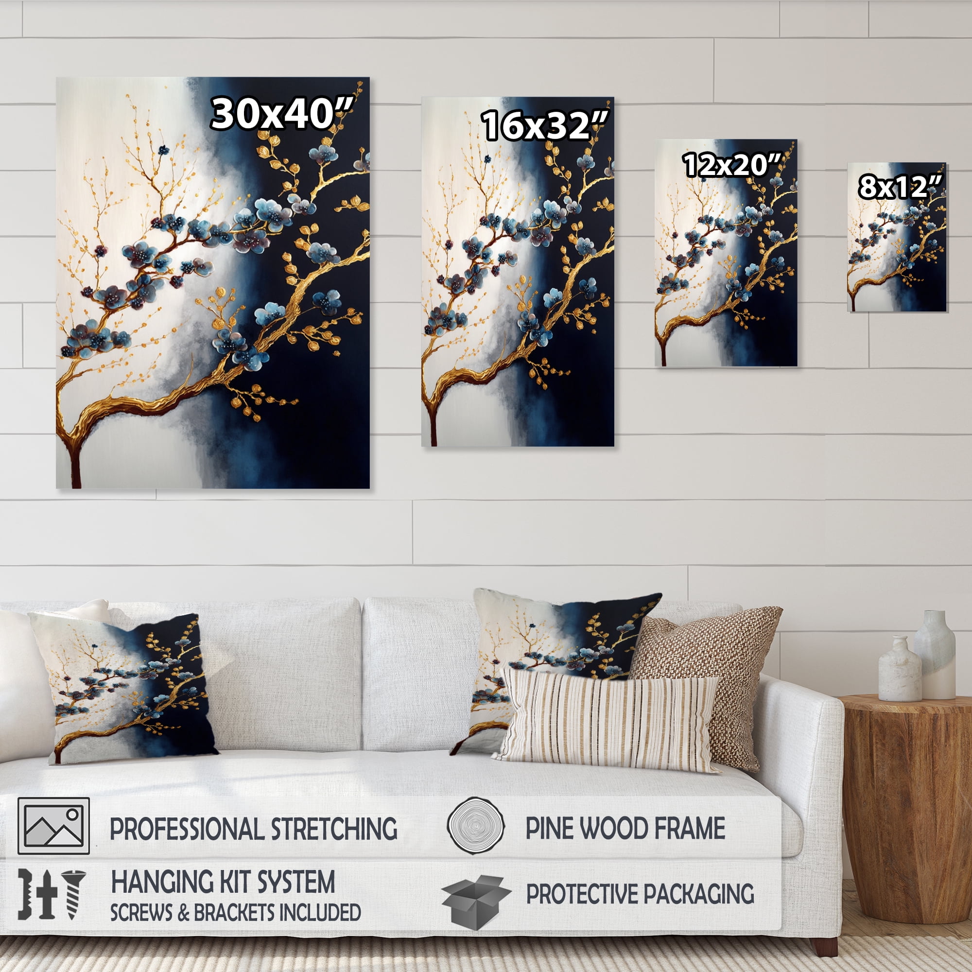 Designart Blue Cherry Blossom Branch VI Canvas Wall Art