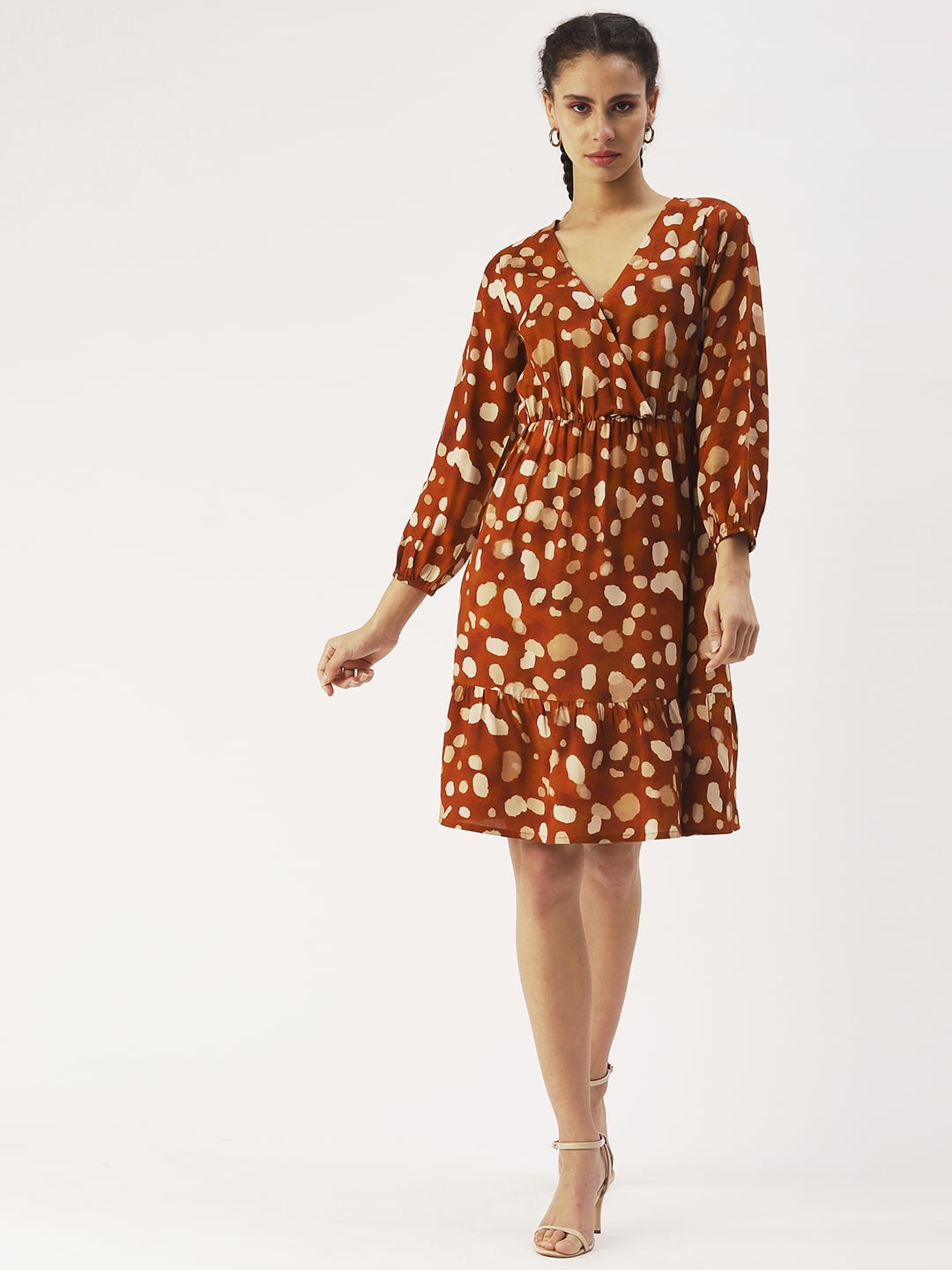 DressBerry Women’s Printed Viscose Rayon V Neck Dress 3/4th Long