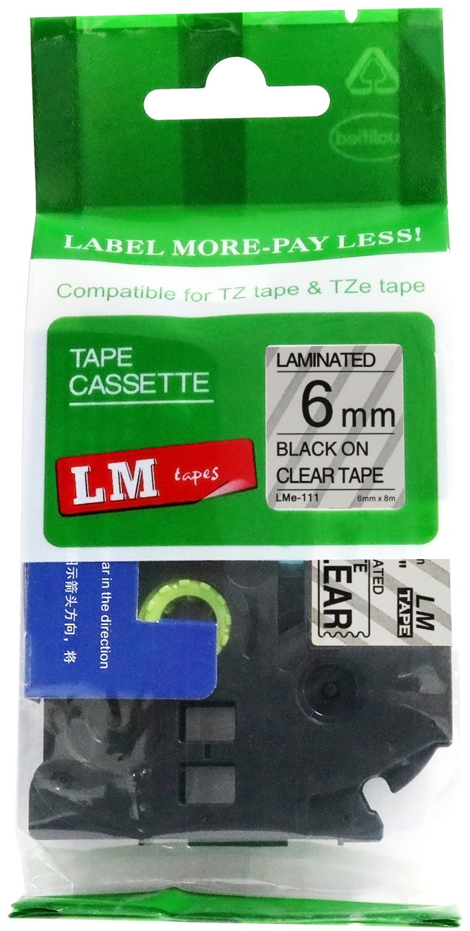 LM Tapes replacement for Brother PTD200 Label Maker 6mm Black on Clear