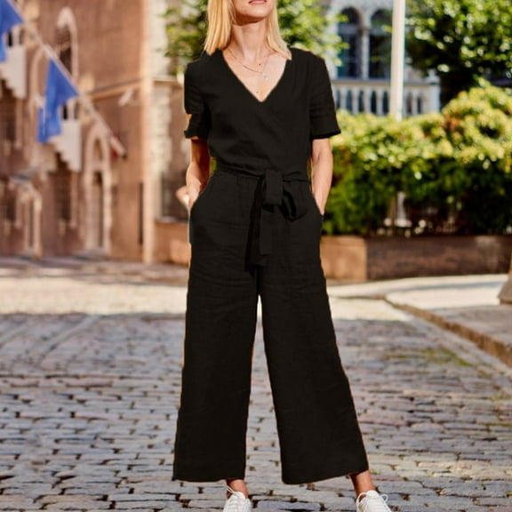 Baqcunre Jumpsuits for Women Women Solid Pocket Romper Short Sleeve V-Neck Belt Loose Overalls Jumpsuit Jumpsuits for Women Dressy One Piece Jumpsuits for Women
