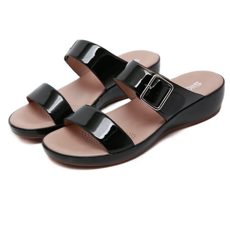 

Women‘s Casual Double Straps & Buckle Decor Wedge Sandals Solid Color Faux Leather Slippers Women‘s Footwear