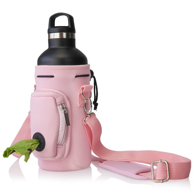 Made Easy Kit Water Bottle Carrier with Pocket for Dog Poop Waste Bags and Adjustable Padded Shoulder Strap