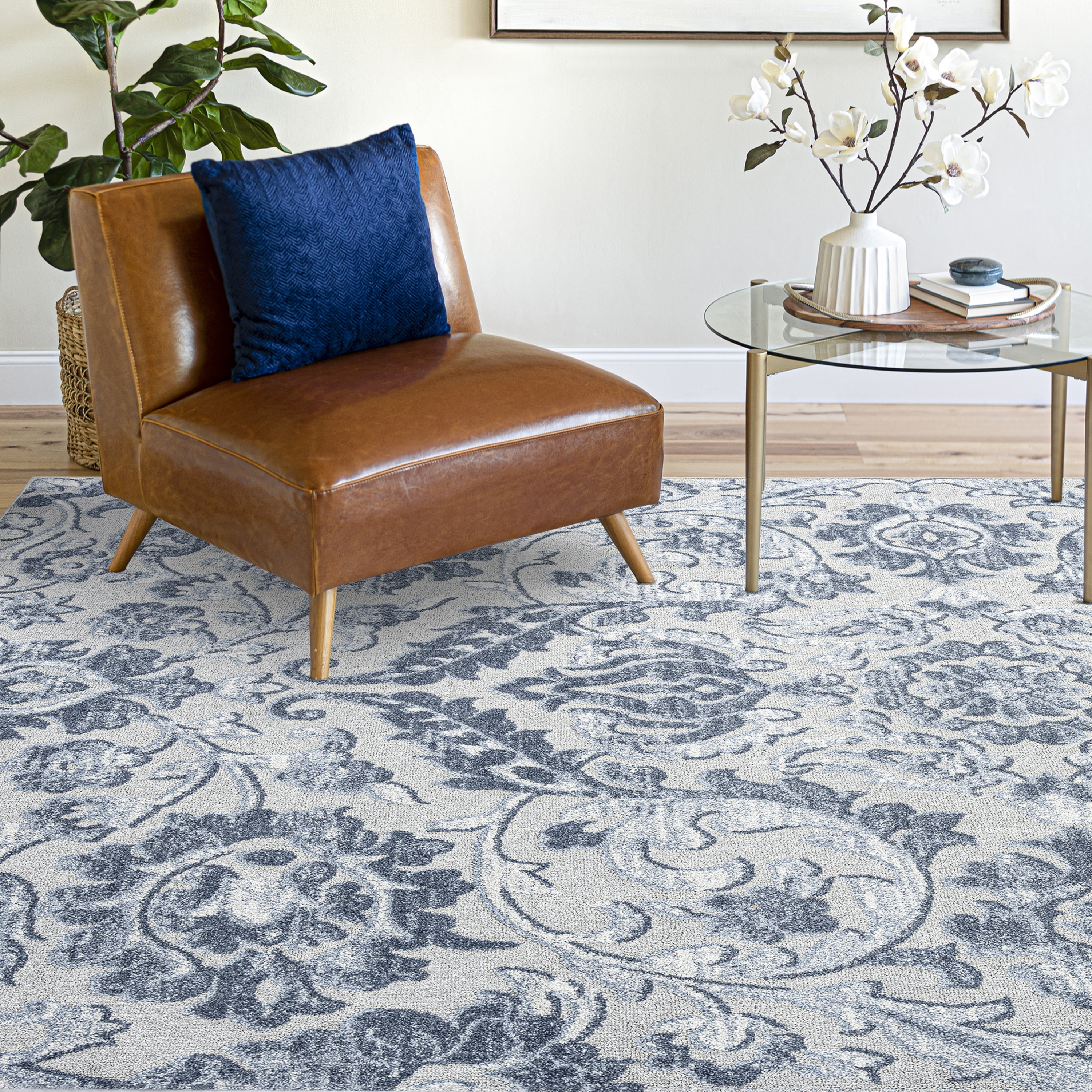 Bliss Rugs Transitional Area Rug, Floral Indoor Rugs for Living Room, Dining Room, Bedroom | Blue, 5' x 8' (5'3''x7'3'')