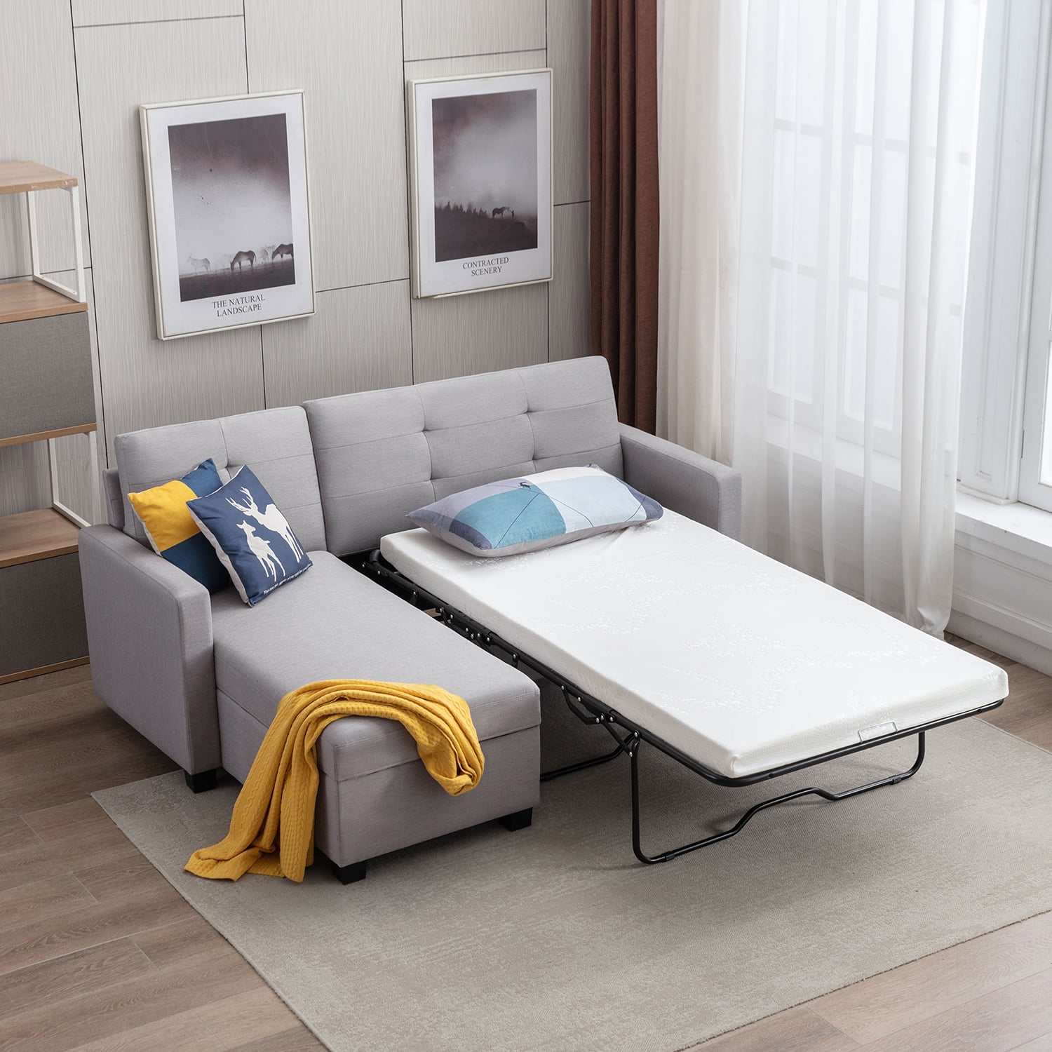 Kepooman L-Shape Convertible Couch Bed, 78.3" Sofa Bed with Storage Chaise, Linen Pull Out Couch Bed for Office, Light Gray Kepooman L-Shape Convertible Couch Bed, 78.3" Sofa Bed with Storage Chaise, Linen Pull Out Couch Bed for Office, Light Gray