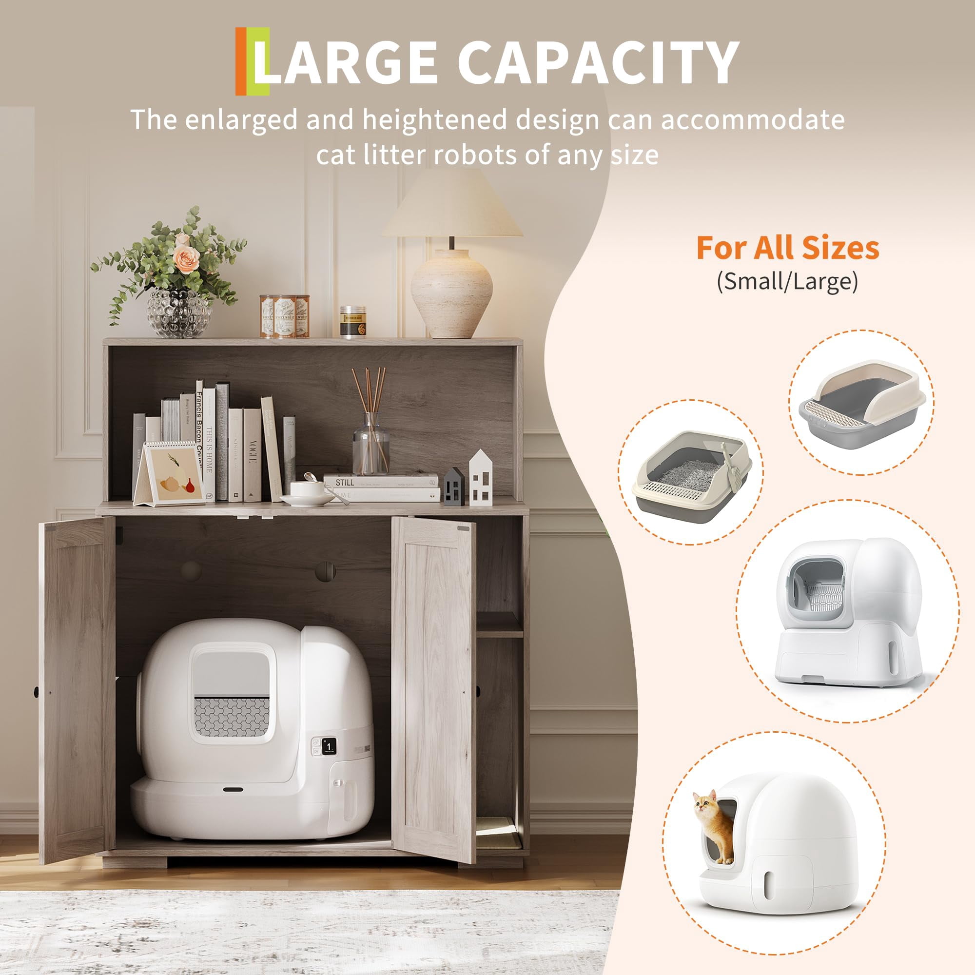 Large Hidden Cat Litter Box Enclosure – Litter Collector – Self-Cleaning Litter Box Cabinet – Adjustable Dog-Proof Shelf – Cat House Furniture for Multiple Cats – Charging Station