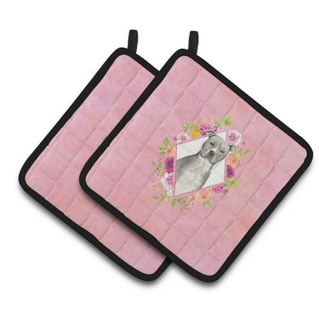 

Carolines Treasures CK4269PTHD Blue Pit Bull Terrier Pink Flowers Pair of Pot Holders 7.5HX7.5W multicolor