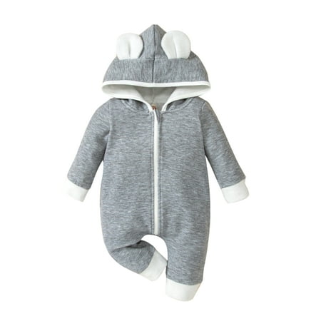 

Capreze Buttons Hooded Jumpsuit Winter Outwear Outfits Baby Loose Full Zip Fleece Romper Party Solid Color Zipper Gray 90/6-9M