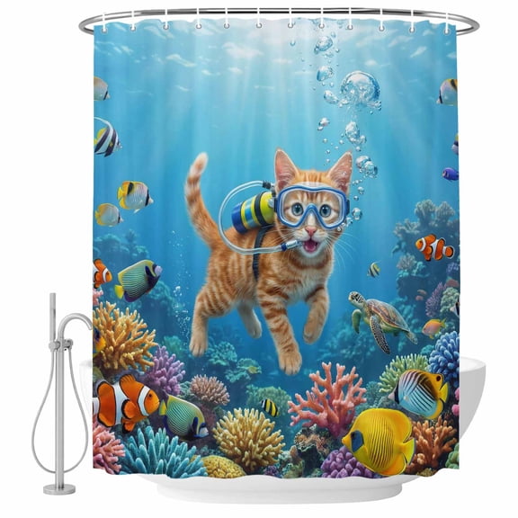 Shower Curtain Diving Cat Bathroom Curtains with Hooks, Waterproof Fabric Funny Animal Fish Coral Seafloor Bath Shower Curtains Set for Bathroom Bathtubs Decor 36x72 Inch