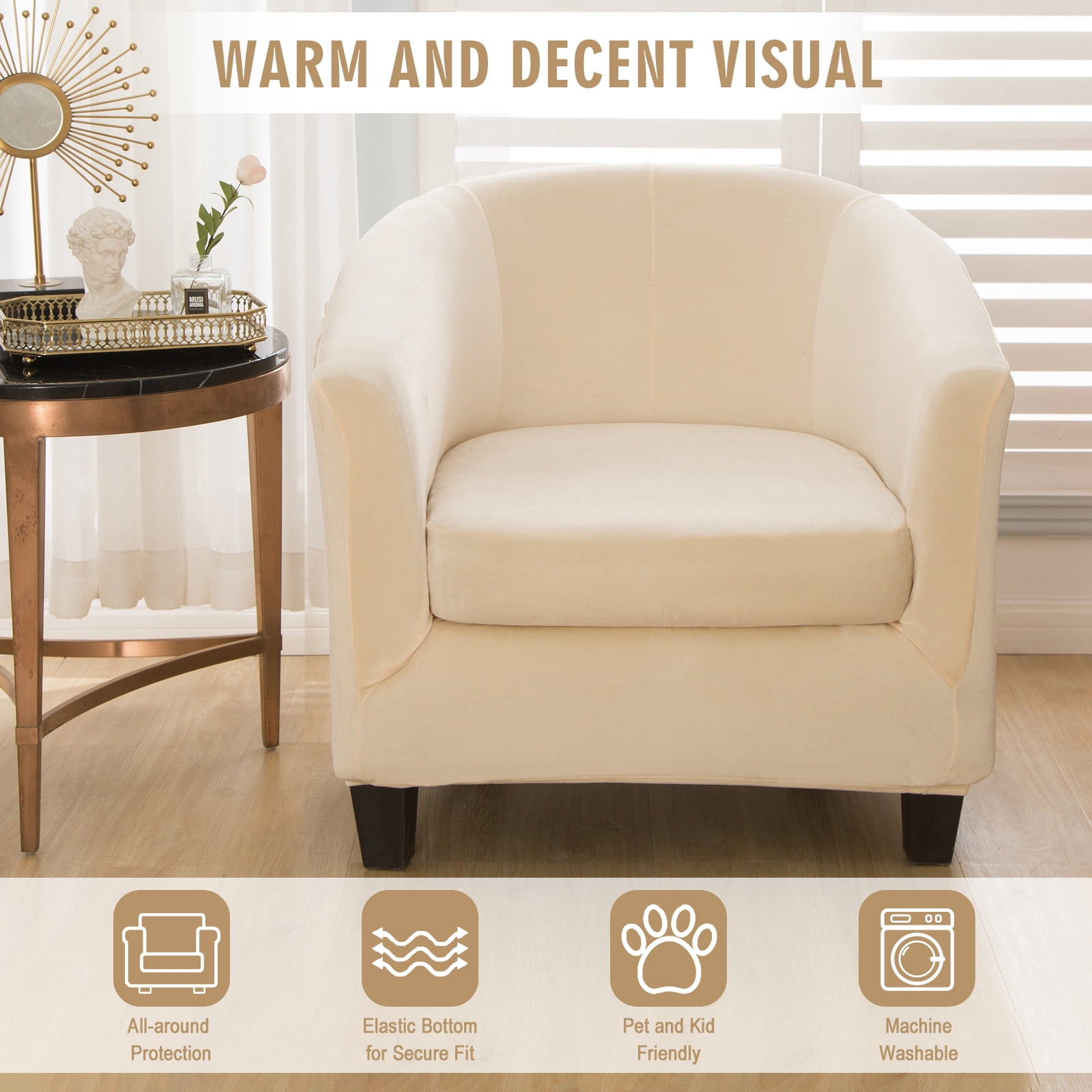 SHANNA Velvet Tub Chair Covers, 2 Pieces Stretch Modern Armchair Slipcovers Non Slip Sofa Couch Slipcover for Club Bar Counter Living Room Reception,With Separate Cushion Cover, Beige, 1 Pack